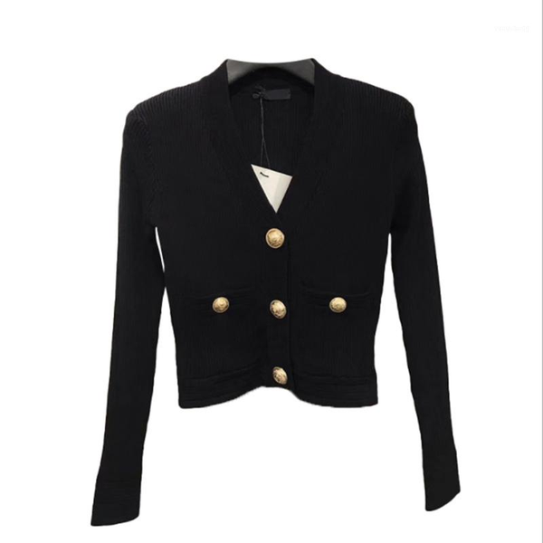 

women sweater solid color v-neck long sleeve bodycon elastic shoulder pad button knitted cardigan jacket coat female outwear1, Black;brown