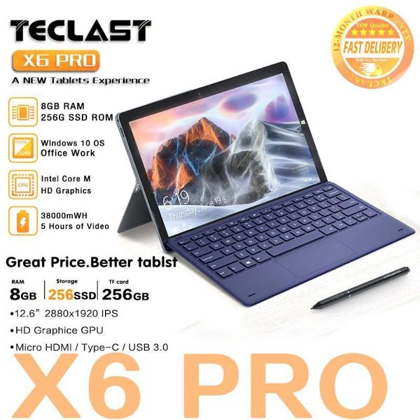 

teclast x6 pro tablet netbook windows 10 intel touch screen 8gb ram 256gb ssd 12.6" 2880*1920 fhd ips usb3.0 2 in 1 tablet pc1