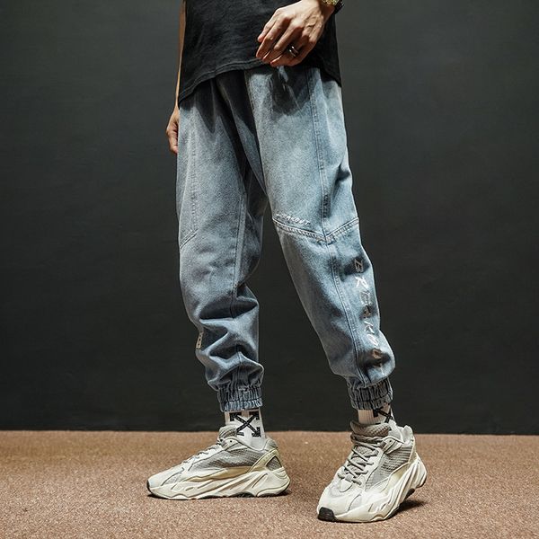 

2021 new fashion streetwear fit light blue spliced denim pants japanese designer hip hop men tkz4