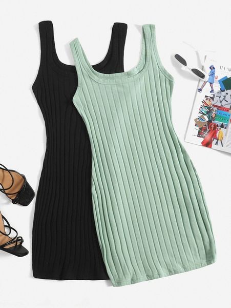 

2pcs solid ribbed knit tank dress k3ir#, Black;gray
