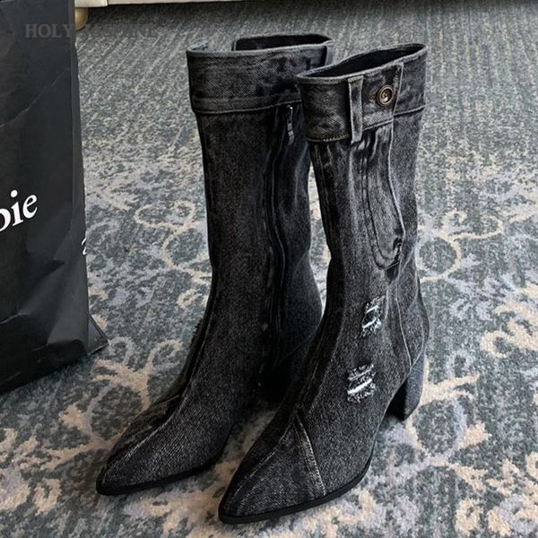 

boots spring/autumn denim women button pointed toe square heel ankle for zip basic shoes high (5cm-8cm) microfiber, Black
