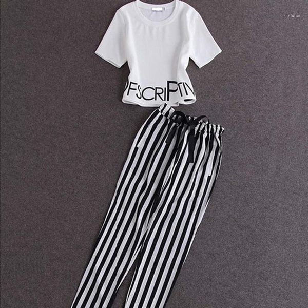 

lady short and stripe pant set clothing women's fashion shirt and lace up bow leggings spring autumn sets1, White