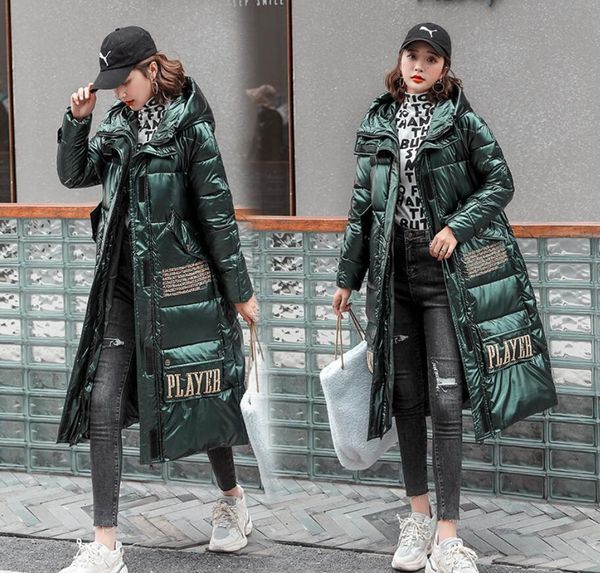 

2021 new x-long impression parkas winter with thick hood female korean style cotton quilted bright jacket ladies gwuh, Black