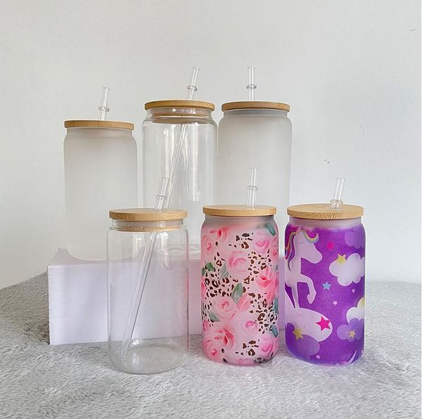 

12oz/16oz sublimation cola can tumbler clear frosted glass jar with bamboo lid wide mouth beer cup festival party wine tumblers fy5118 sxm8