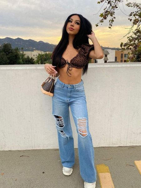 

high waisted distressed baggy jeans without bag 19zr#, Blue