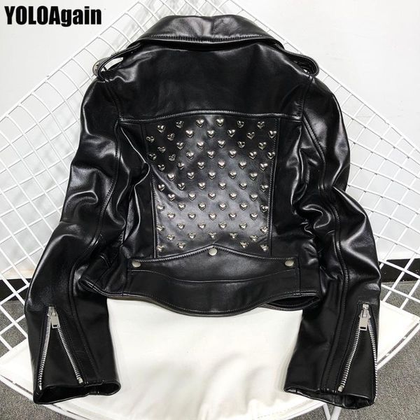 

women's leather & faux yoloagain women genuine jacket ladies heart rivet real sheepskin jacket1, Black
