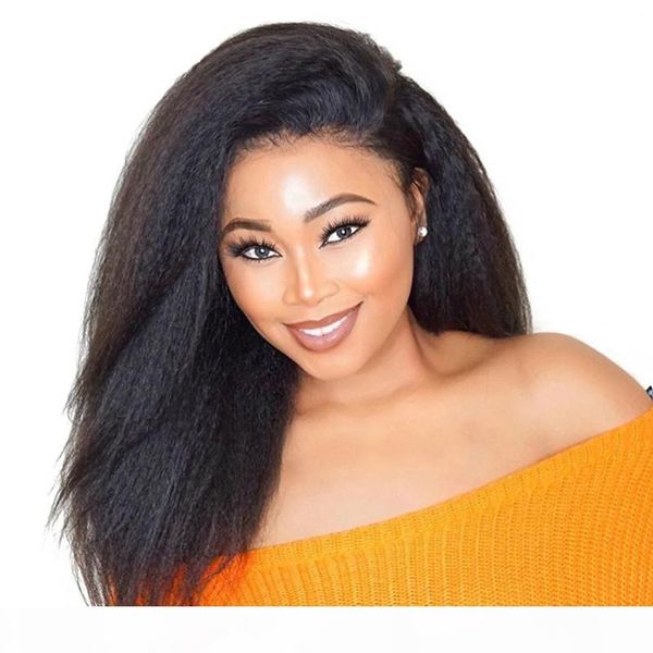 

ping glueless kinky straight human hair wigs for black women remy hair wigs with baby hair 150 density natural color, Black;brown