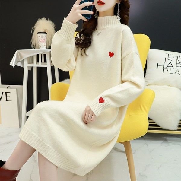 

fashion sweater dress autumn and winter pregnant women's clothes loose medium length large knitwear, White