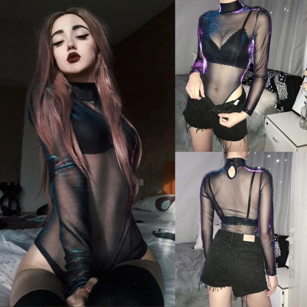 

club womens ladies long sleeve tight black mesh fish net leotard bodysuit badycon size us 8-22 new, Black;white