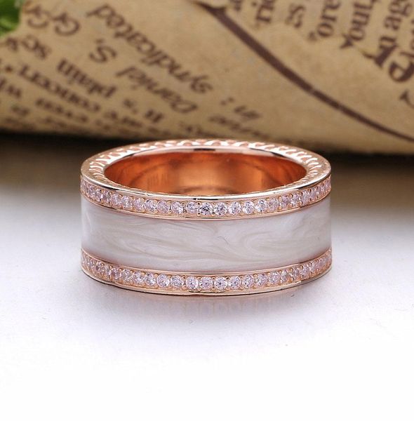 

factory wholesale 18ct rose gold plated cream enamel & clear cz stones ring fit jewelry engagement wedding lovers fashion ring, Silver