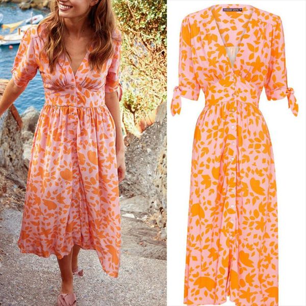 

boho printed maxi dress summer dress 2020 women short sleeve v neck long drop shipping good quality, Black;gray