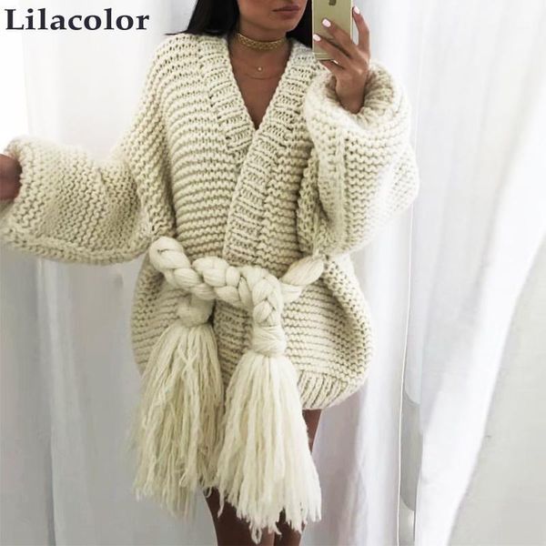 

hand knitted 2018 autumn winter warm cardigan coats cashmere women beige cardigans long lantern sleeve grey casual sweater1, White;black