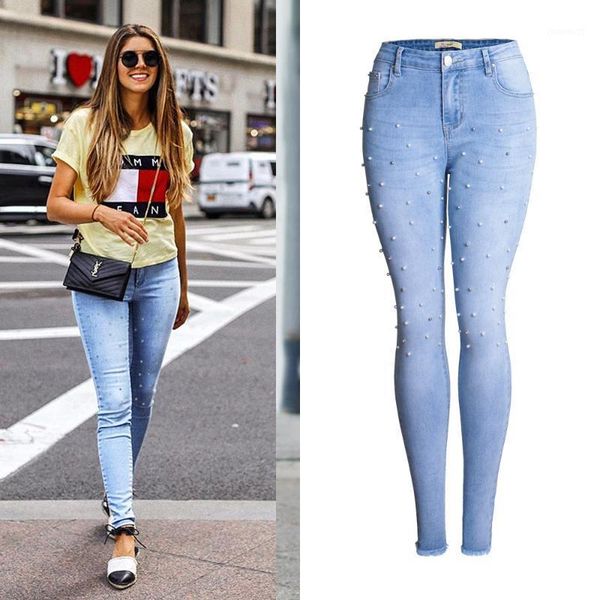 

women high waist beaded jeans push up hip pencil lift skinny stretch jean trousers lady ankle-length pocket fringe denim pants1, Blue