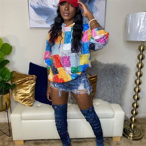 

cm.yaya autumn winter women bandanna print hooded sweatshirt classic streetwear fashion long sleeve pullover hoodies 201216, Black