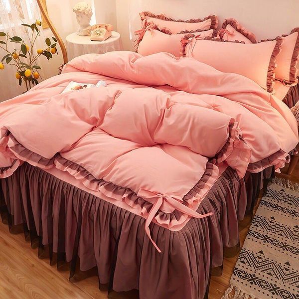 

bedding sets 2021 home textile solid color duvet cover pillow case bed sheet girl princess room cotton set king  twin