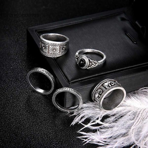 

bohemian totem black 5-piece ring set joint, Silver