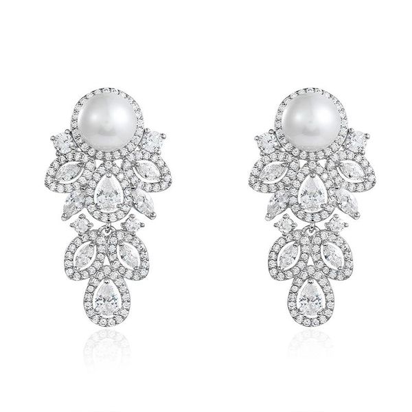 

dangle & chandelier weimanjingdian arrival leaf shape cubic zirconia cz crystal and shell pearl bridal wedding earrings, Silver