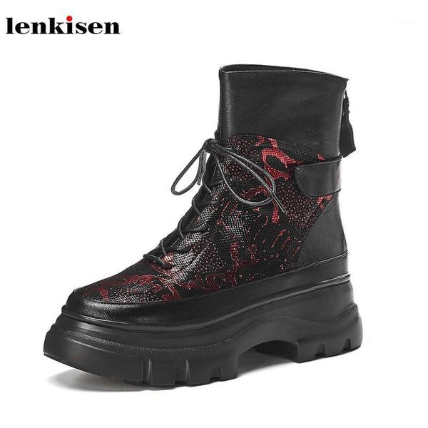 

lenkisen fashion print genuine leather lace up snake round toe buckle straps thick bottom winter women keep warm ankle boots l091, Black
