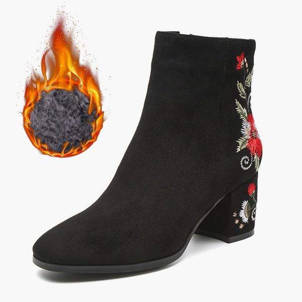 

2021 new women autumn winter ankle boots embroider vintage fashion square heels flower pumps ladies zip suede shoes 55mu, Black