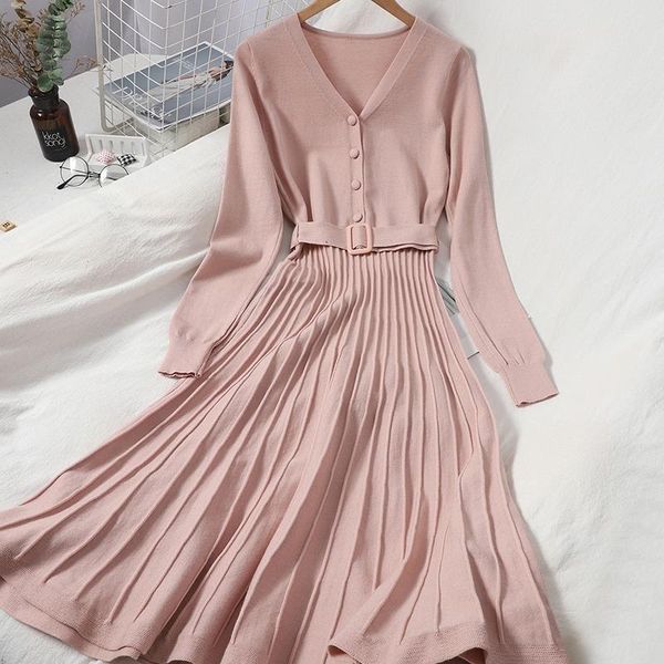

new women elegant dress spring autumn patchwork pleated v neck office dresses ladies long sleeved sweater dress long robe, Black;gray