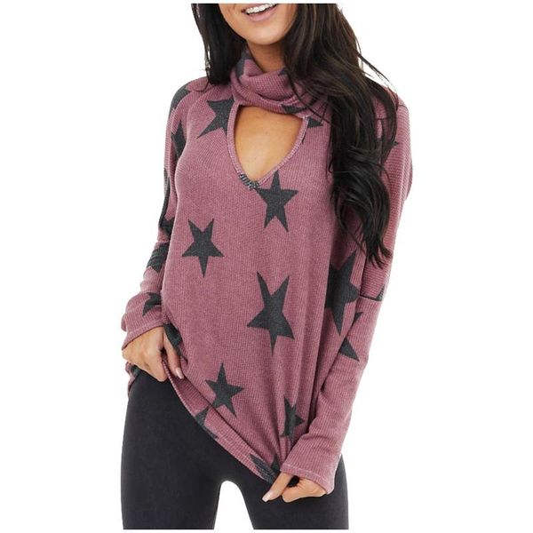 

women casual tee shirt long sleeve hollow stars print heaps collar t-shirt 2020 autumn ladies pullover sweatshirt #3, White