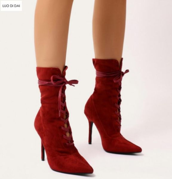 

2020 ladies ankle boots fashion pointed toe boots suede leather lace up booties thin heel party women mujer botas, Black