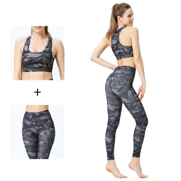 

fitness 2-piece printed pants tight new elastic sports vest yoga suit for women, Gray