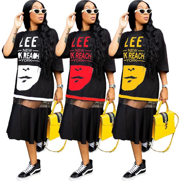 

summer printed womens dresses plus size o neck short sleeve see through loose womens dress casual patchwork femme clothes, Black;gray