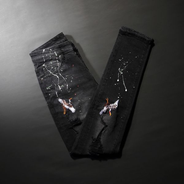 

2021 new american streetwear fashion men slim fit elastic ripped jeans embroidery designer painted hip hop pants homme obm1, Blue