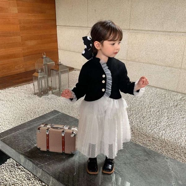 

spring girls' korean cardigan children's 2021 gauze wtern sle baby fashion long sve blazer 7nar, Black