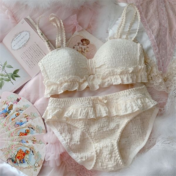 

japanese cute bra and panty set lolita ruffles cotton underwear panties young women girls lingerie kawaii ladies brief new c1211, Black;white