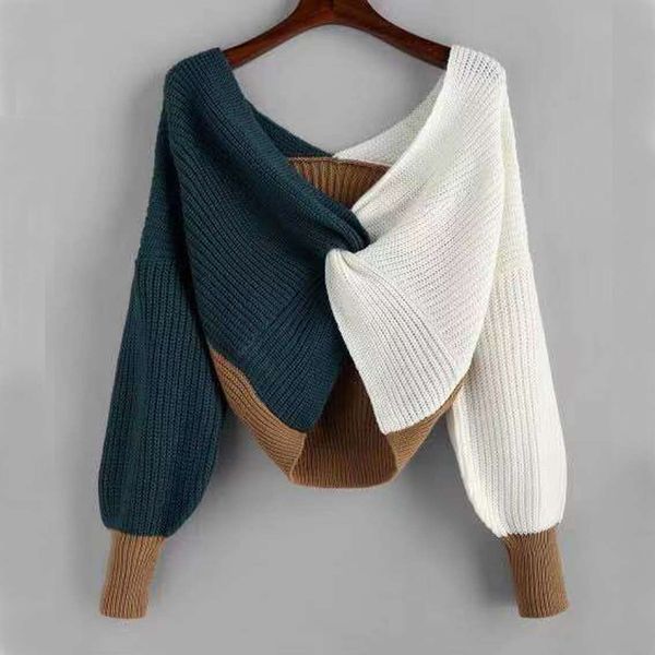 

autumn / winter 2020 personalized fancy women's twisted multi-layer color contrast open waist knitted sweater, White;black