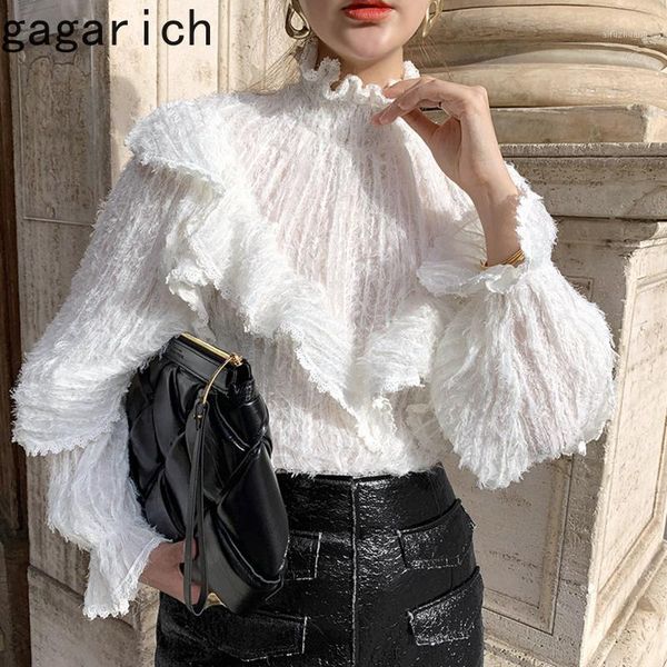 

gagarich blouse women elegant fashion korean style chic autumn versatile turtleneck ruffle lace flared sleeve shirt tide1, White