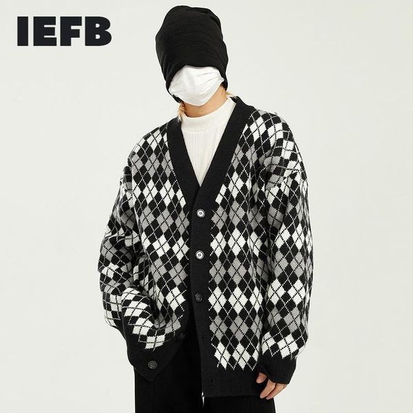

men's sweaters iefb wear 2021 spring korean streetwear fashion v collar cardigan sweater loose causal pattern kintwear clothes 9y4934, White;black