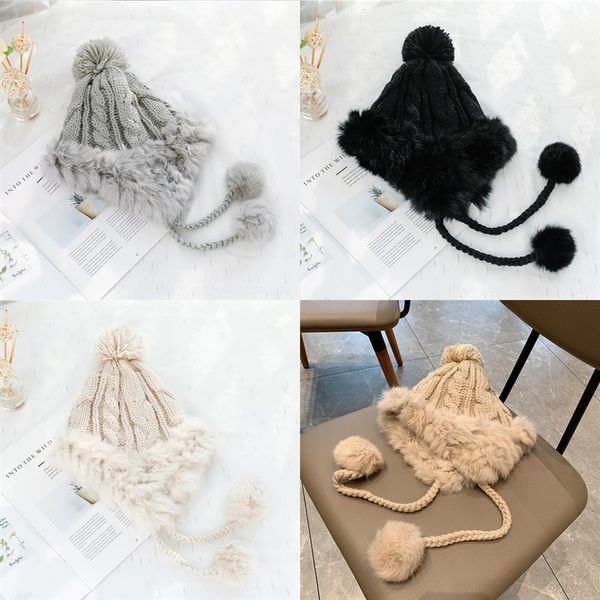 

1ksi plush wool autumn and winter warm knitted hatrabbit hair hat female winter warm ear protection korean fashion versatile thick, Blue;gray