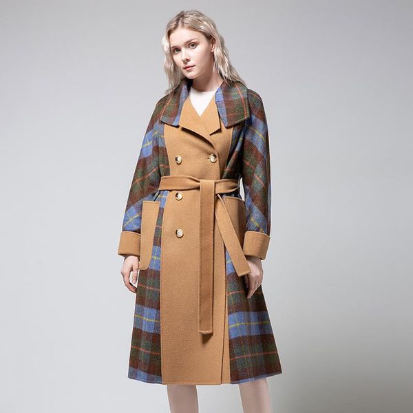 

women's wool & blends autumn and winter fashion coat stitching long slim women, Black