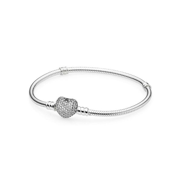 

s925 sterling silver plated snake chain bracelet fit pandora beads charms love bracelet diy marking heart button jewelry, Black