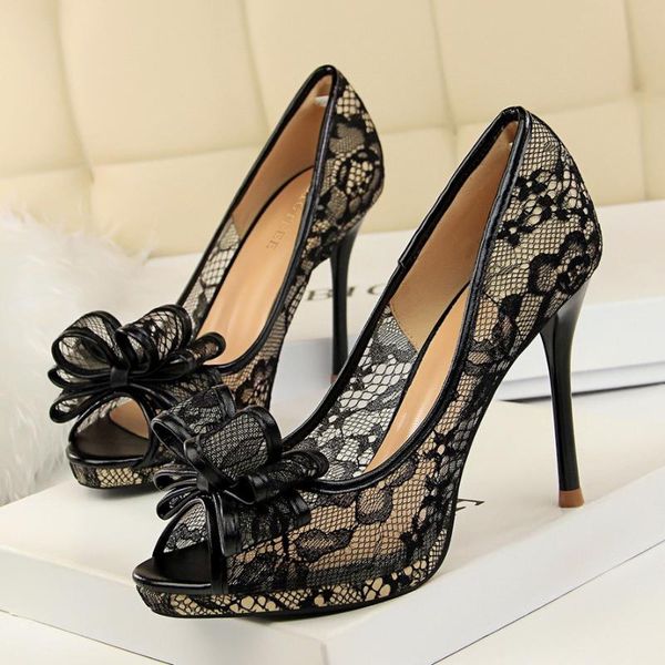 

fine heel, high heel, shallow mouth, hollow mesh butterfly-knot single shoes in european and american nightclubs, Black