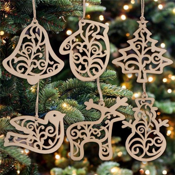 Decorazioni natalizie 6 pezzi / set Fette di legno Albero di Natale Goccia Ornamento Ciondolo Crafting Legno fai da te Appeso per le vacanze1