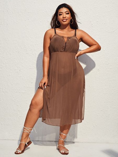 

plus mesh plunging cover up n3td#, Black