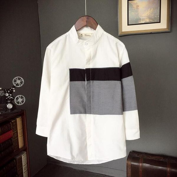 

good quality korean fashion patchwork men shirt stand collar slim fit blouse men white linen cotton plus size shirts camisa, White;black