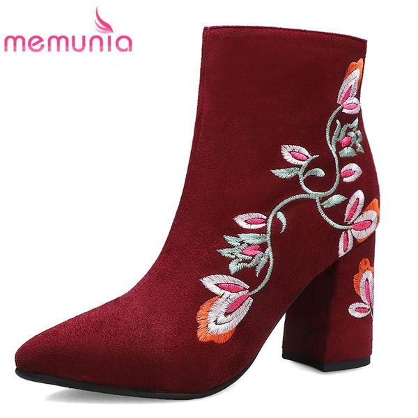 

memunia 2020 big size 43 women ankle boots flock pointed toe embroider high heels boots elegant party wedding shoes ladies, Black