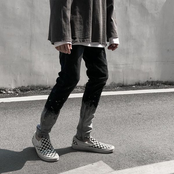 

men's jeans high street color match ankle zipper painted men and women washed retro loose casual pencil pants hip hop denim trousers, Blue