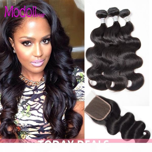 

brazilian unprocessed virgin hair body weave 3 4 bundles with closure double weft body wave human hair bundles with closure soft remy hair, Black;brown