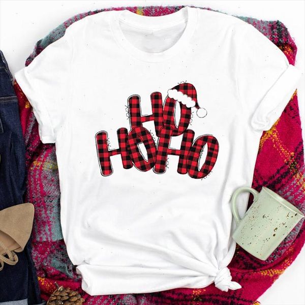 

women lady tees plaid letter hat cartoon 90s happy holiday merry christmas print tshirt clothes graphic female t t shirt, White