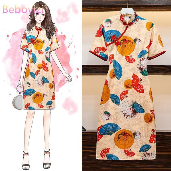 

2020 new -4xl plus size vintage chinese traditional qipao casual party women midi dress short sleeve summer cheongsam dresses, Red