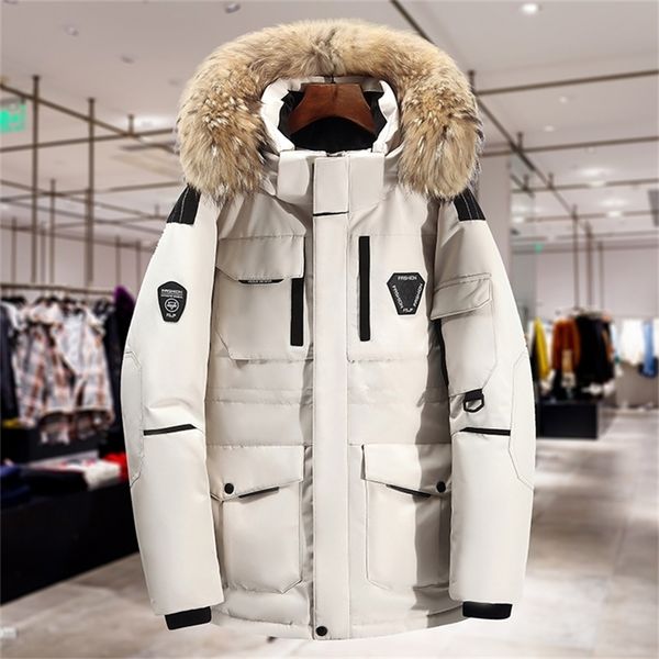 

white duck down jacket men winter fur collar warm thicken long parka windproof warm white coat men snowjacket 201223, Black