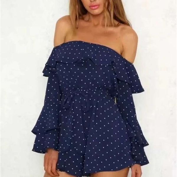 

shoulder new style one strapless off back long sleeve polka dot jumpsuit dress, Black;gray