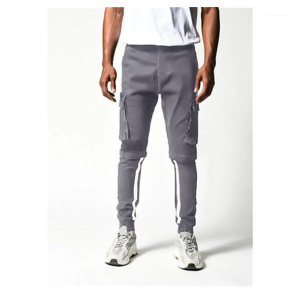 

trend felt pocket middle waist pencil pants spring male new elastic waist casual skinny sports trousers mens solid color cargo pants fashion, Black