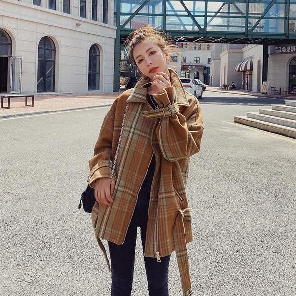 

winter motorcycle short plaid wool coat for women loose vintage fashion casual blends jacket overcoat female korean outerwear1, Black